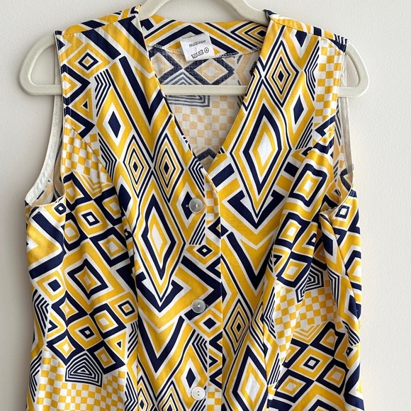 Jolida Vintage Geometric Button Front Dress, Yellow/Blue/White, Size Large - Picture 2 of 16